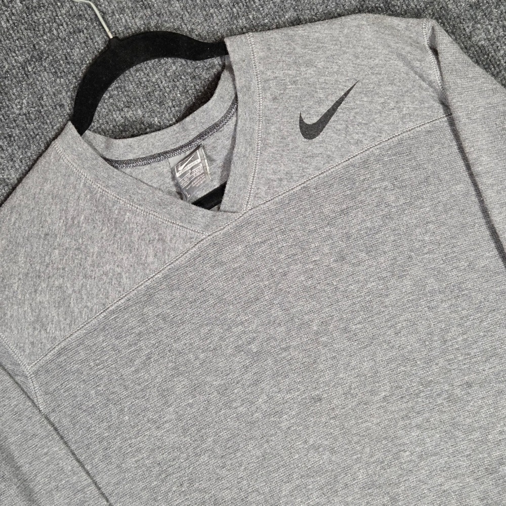 Nike FB-11 Performance Shirt Mens Large Gray Long Sleeve V-Neck Graphic Swoosh